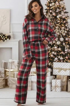 Best Dear-Lover Christmas Checke Pattern Loose Shirt and Pants Lounge Set Red