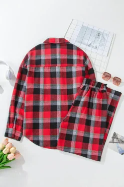 Best Dear-Lover Christmas Checke Pattern Loose Shirt and Pants Lounge Set Red