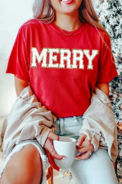 Hot Dear-Lover Red Christmas MERRY Graphic Cuffed Sleeve T Shirt Red-2