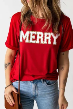 Hot Dear-Lover Red Christmas MERRY Graphic Cuffed Sleeve T Shirt Red-2