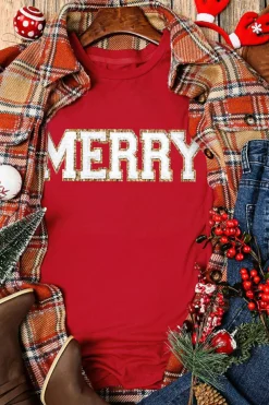 Hot Dear-Lover Red Christmas MERRY Graphic Cuffed Sleeve T Shirt Red-2