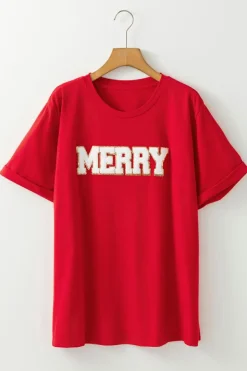 Hot Dear-Lover Red Christmas MERRY Graphic Cuffed Sleeve T Shirt Red-2