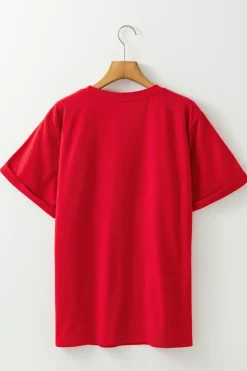 Hot Dear-Lover Red Christmas MERRY Graphic Cuffed Sleeve T Shirt Red-2