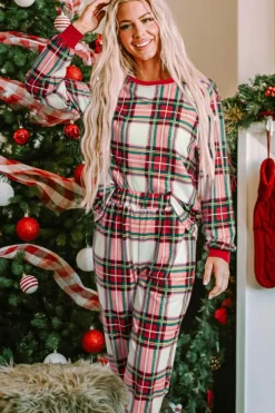 Hot Dear-Lover Christmas Plaid Allover Top and Pants Lounge Set Red