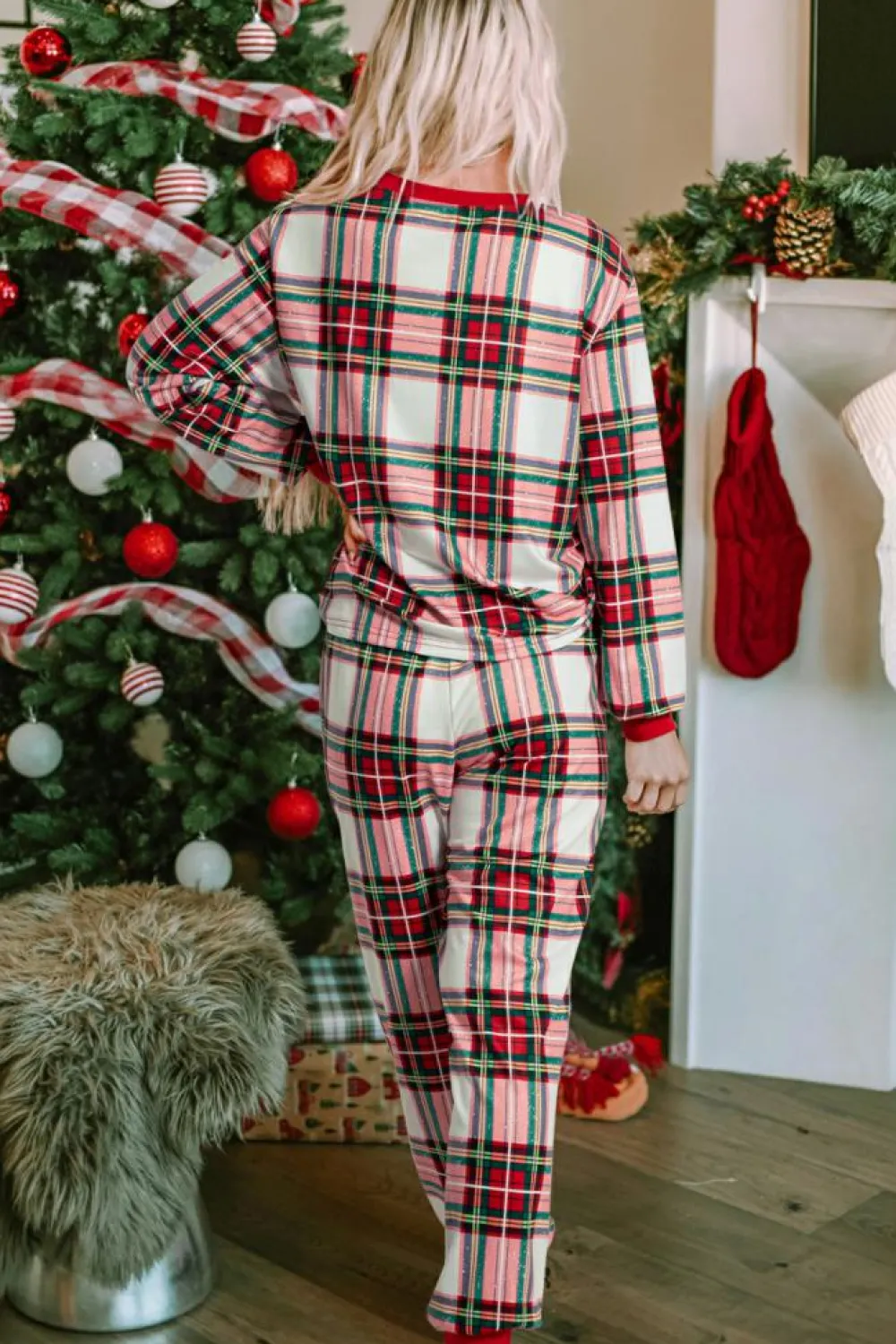 Hot Dear-Lover Christmas Plaid Allover Top and Pants Lounge Set Red