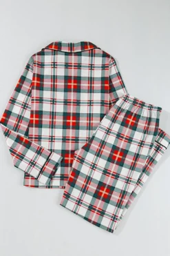 Sale Dear-Lover Christmas Plaid Print Two Piece Long Sleeve Pajamas Set Red