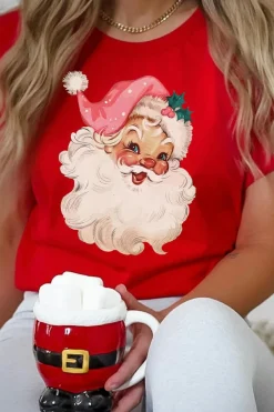 Fashion Dear-Lover Red Christmas Santa Claus Print Crew Neck T Shirt Red-2