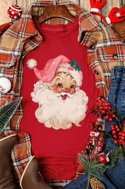 Fashion Dear-Lover Red Christmas Santa Claus Print Crew Neck T Shirt Red-2