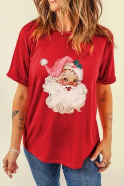 Fashion Dear-Lover Red Christmas Santa Claus Print Crew Neck T Shirt Red-2