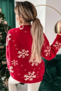 New Dear-Lover Red Christmas Snowflake Mock Neck Sweater Fiery Red