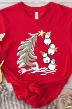 Best Dear-Lover Red Christmas Tree Snowman Printed Crewneck T Shirt Red-2
