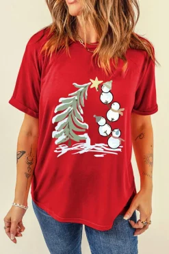 Best Dear-Lover Red Christmas Tree Snowman Printed Crewneck T Shirt Red-2