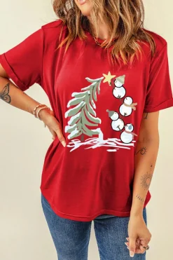 Best Dear-Lover Red Christmas Tree Snowman Printed Crewneck T Shirt Red-2