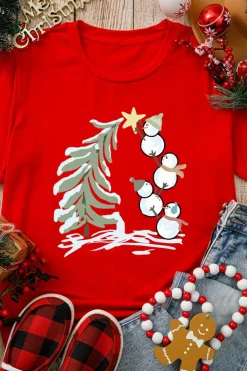 Best Dear-Lover Red Christmas Tree Snowman Printed Crewneck T Shirt Red-2