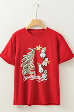 Best Dear-Lover Red Christmas Tree Snowman Printed Crewneck T Shirt Red-2