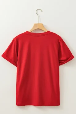 Best Dear-Lover Red Christmas Tree Snowman Printed Crewneck T Shirt Red-2