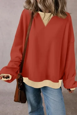 Outlet Dear-Lover Color Block Patch Drop Shoulder Oversized Sweatshirt Red Clay