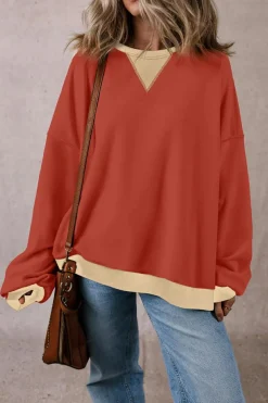 Outlet Dear-Lover Color Block Patch Drop Shoulder Oversized Sweatshirt Red Clay