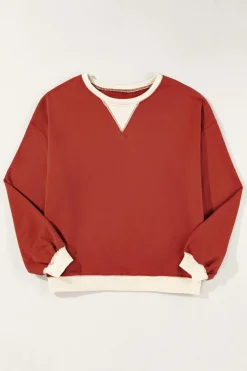 Outlet Dear-Lover Color Block Patch Drop Shoulder Oversized Sweatshirt Red Clay