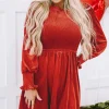 Sale Dear-Lover Frilled Neck Smocked Bodice Velvet Dress Red Clay