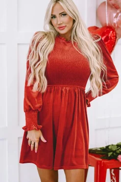 Sale Dear-Lover Frilled Neck Smocked Bodice Velvet Dress Red Clay