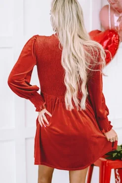 Sale Dear-Lover Frilled Neck Smocked Bodice Velvet Dress Red Clay