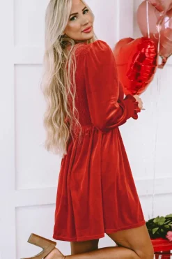 Sale Dear-Lover Frilled Neck Smocked Bodice Velvet Dress Red Clay