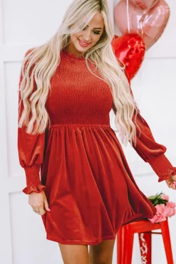 Sale Dear-Lover Frilled Neck Smocked Bodice Velvet Dress Red Clay