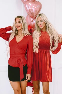 Sale Dear-Lover Frilled Neck Smocked Bodice Velvet Dress Red Clay