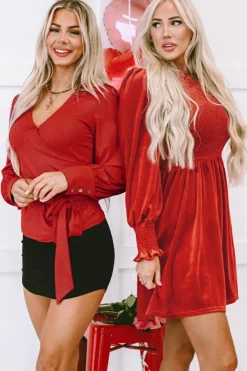 Sale Dear-Lover Frilled Neck Smocked Bodice Velvet Dress Red Clay