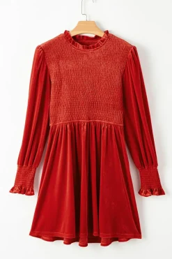 Sale Dear-Lover Frilled Neck Smocked Bodice Velvet Dress Red Clay