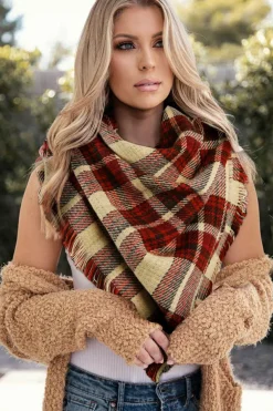 Hot Dear-Lover Fringe Trim Reversible Plaid Houndstooth Pashmina Scarf Red Clay