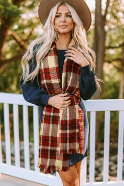 Hot Dear-Lover Fringe Trim Reversible Plaid Houndstooth Pashmina Scarf Red Clay