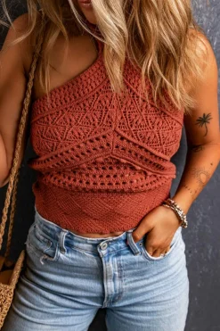 Sale Dear-Lover Knit Crochet Halter Neck Backless Tank Top Red Clay