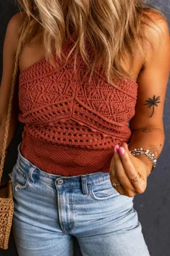 Sale Dear-Lover Knit Crochet Halter Neck Backless Tank Top Red Clay