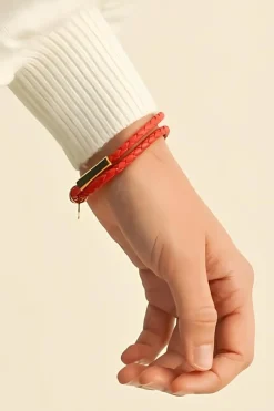 Clearance Dear-Lover Metal Decor PU Leather Braided Bracelet Red Clay