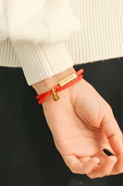 Clearance Dear-Lover Metal Decor PU Leather Braided Bracelet Red Clay