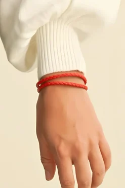 Clearance Dear-Lover Metal Decor PU Leather Braided Bracelet Red Clay