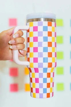 Online Dear-Lover Colorful Checke Print Handle Vacuum Cup 40oz Red