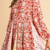 New Dear-Lover Colorful Floral Patchwork Long Sleeve Pleated Mini Dress Red