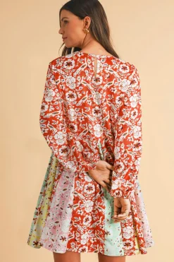 New Dear-Lover Colorful Floral Patchwork Long Sleeve Pleated Mini Dress Red