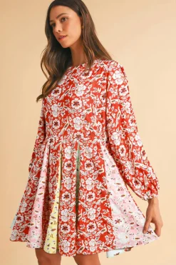 New Dear-Lover Colorful Floral Patchwork Long Sleeve Pleated Mini Dress Red