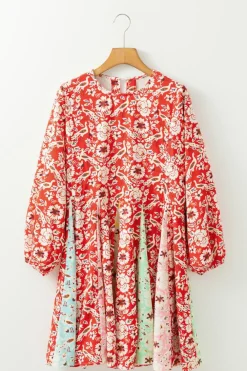 New Dear-Lover Colorful Floral Patchwork Long Sleeve Pleated Mini Dress Red