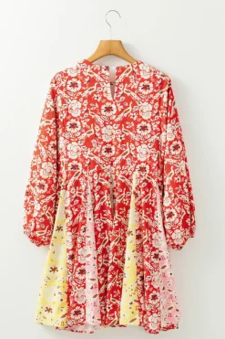 New Dear-Lover Colorful Floral Patchwork Long Sleeve Pleated Mini Dress Red