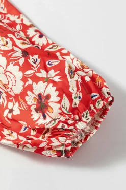 New Dear-Lover Colorful Floral Patchwork Long Sleeve Pleated Mini Dress Red