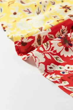 New Dear-Lover Colorful Floral Patchwork Long Sleeve Pleated Mini Dress Red