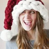 Best Dear-Lover Color Block Pom Pom Decor Chunky Knitted Christmas Hat Red Dahlia