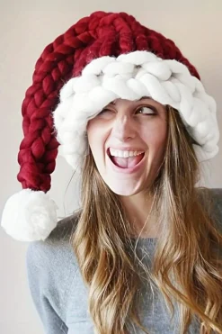 Best Dear-Lover Color Block Pom Pom Decor Chunky Knitted Christmas Hat Red Dahlia