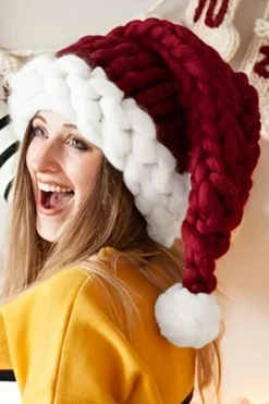Best Dear-Lover Color Block Pom Pom Decor Chunky Knitted Christmas Hat Red Dahlia