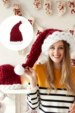 Best Dear-Lover Color Block Pom Pom Decor Chunky Knitted Christmas Hat Red Dahlia